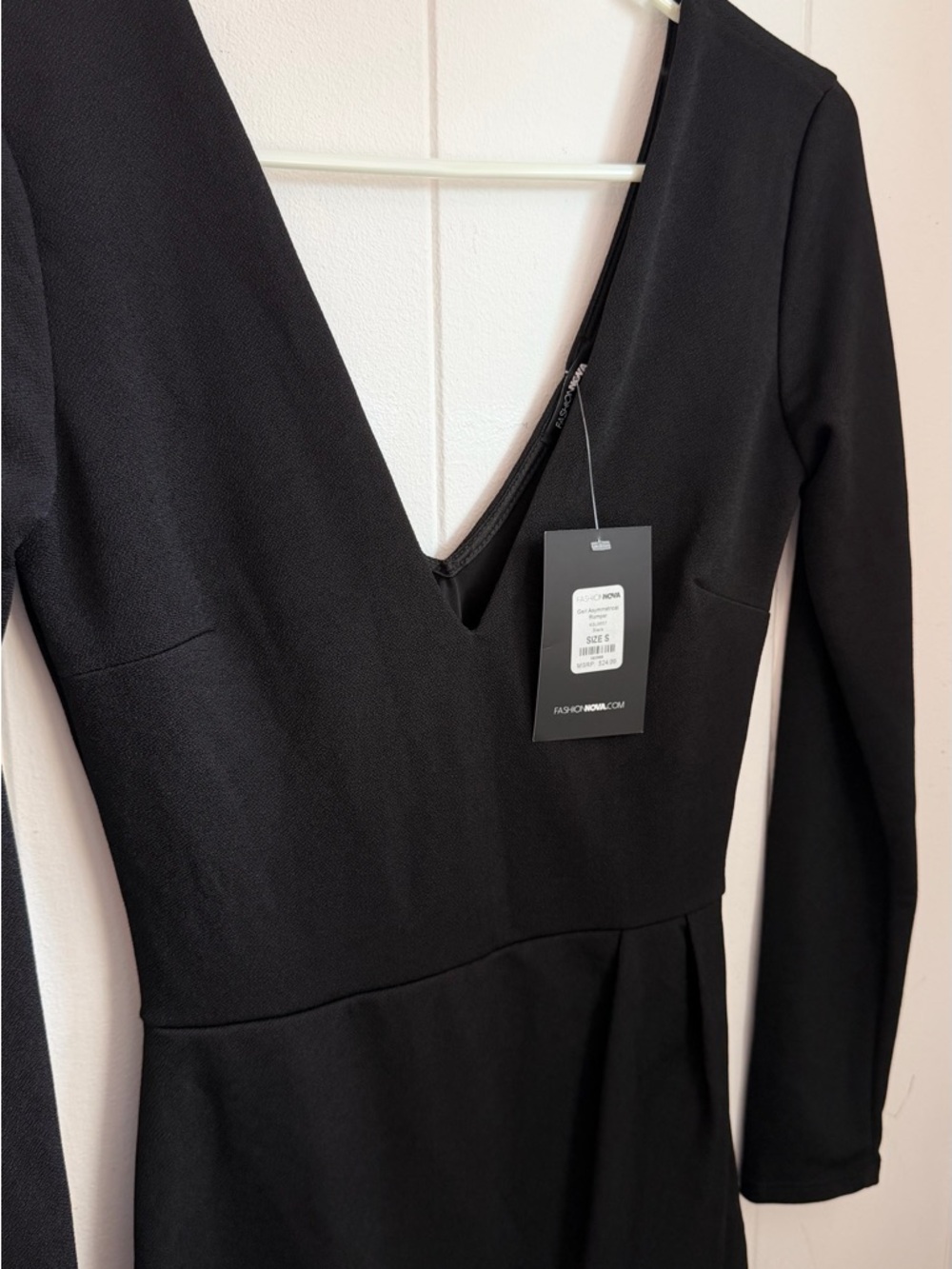 Fashion Nova Black Long Sleeve Deep V Romper - Picture 3 of 8